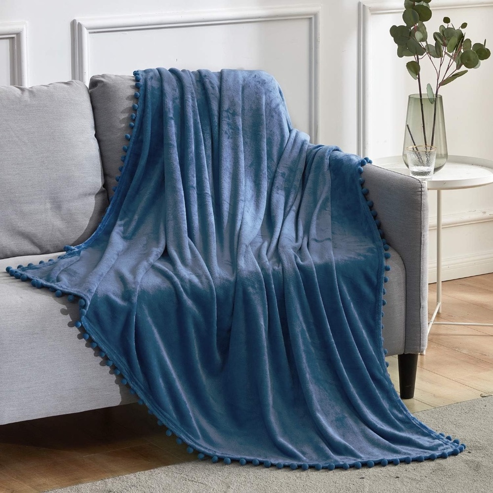 Fleece Throw Blanket with Pompom Fringe Twin Size, blue Flannel Blankets 60x80